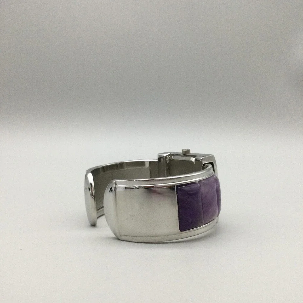 Geneva Womens Watch 31mm Silver Tone Purple MOP Square Dial Bangle Open Cuff